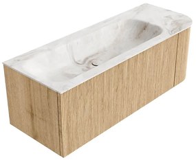 Mondiaz Kurve-dlux 125cm badmeubel ronding rechts oak met 1 lade en deur en wastafel big medium links zonder kraangat frappe