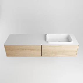 Mondiaz Erin 150cm badmeubel Washed Oak met 2 lades en witte wastafel rechts zonder kraangaten