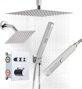 VEVOR Douchesysteemset met 12 inch regendouchesysteem / 6 inch wandmontagekop / 2-in-1 handdouche, draaibare dubbele regenkop (3 functies), messing klep en afwerkset, chromen thermostaat