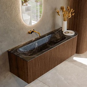 Mondiaz Kurve-dlux 135cm badmeubel ronding rechts walnut met 1 lade en deur en wastafel big medium links zonder kraangat lava
