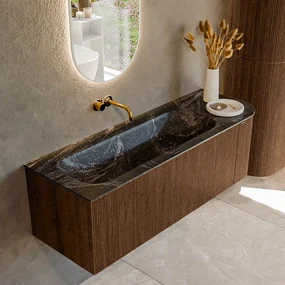 Mondiaz Kurve-dlux 135cm badmeubel ronding rechts walnut met 1 lade en deur en wastafel big medium links zonder kraangat lava