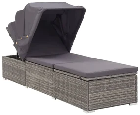 vidaXL Ligbed met luifel en kussen poly rattan grijs