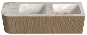 Mondiaz Kurve-dlux 145cm badmeubel ronding links dusk met 1 lade en deur en wastafel leaf dubbel/rechts zonder kraangat frappe