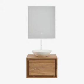 Jabari Teakhouten Badkamermeubelset Teakhout & Rond Cement Wit Ø40 Cm Zavion & Rechthoekige Led En Anticondens 60x70 Cm Riben & Wit - Sklum