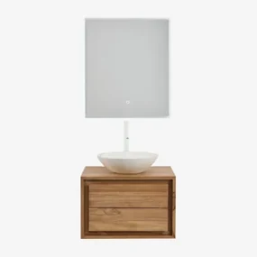 Jabari Teakhouten Badkamermeubelset Teakhout & Rond Cement Wit Ø40 Cm Zavion & Rechthoekige Led En Anticondens 60x70 Cm Tamsin & Wit - Sklum