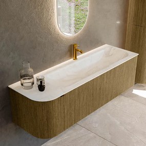Mondiaz Kurve-dlux 145cm badmeubel ronding links dusk met 1 lade en deur en wastafel big large kraangat rechts ostra