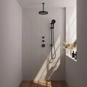Brauer Stripe inbouw regendouche met 25cm hoofddouche, plafondarm en 3 standen handdouche en glijstang set 12 zwart mat