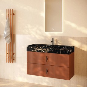 Muebles Murcia badmeubel ribbelfront 100cm terracotta met Portoro Gold wastafel met kraangat