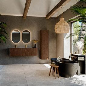 Mondiaz Kurve 145cm badmeubel ronding rechts walnut met 1 lade en deur en wastafel big large links 2 kraangaten urban