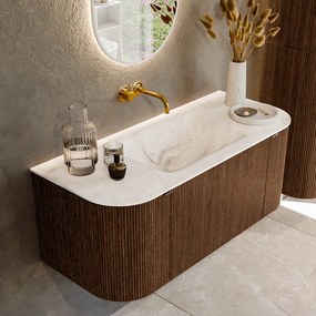 Mondiaz Kurve-dlux 110cm badmeubel ronding links/rechts walnut met 1 lade en 2 deuren en wastafel cloud midden zonder kraangat frappe