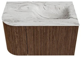 Mondiaz Kurve-dlux 75cm badmeubel ronding links walnut met 1 lade en deur en wastafel grunne rechts zonder kraangat glace