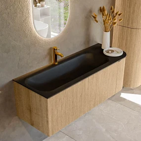Mondiaz Kurve 125cm badmeubel ronding rechts oak met 1 lade en deur en wastafel big medium kraangat links urban