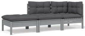 vidaXL 3-delige Loungeset met kussens massief grenenhout grijs