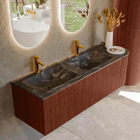 Mondiaz Kurve-dlux 145cm badmeubel ronding rechts ruby met 1 lade en deur en wastafel leaf dubbel/links 2 kraangaten lava