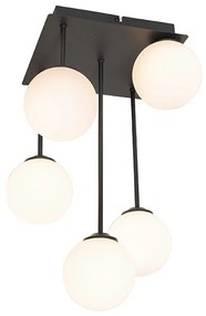 Moderne plafondlamp zwart met opaal glas 5-lichts  - Athens