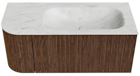 Mondiaz Kurve-dlux 105cm badmeubel ronding links walnut met 1 lade en deur en wastafel big small rechts zonder kraangat opalo
