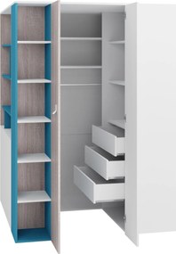 Hoekkledingkast Camteso 113, Eiken, Wit, Turquoise, 190x135x135cm, 187 kg, Kledingkast deuren: Met scharnieren, Aantal planken: 12, Aantal planken: 12