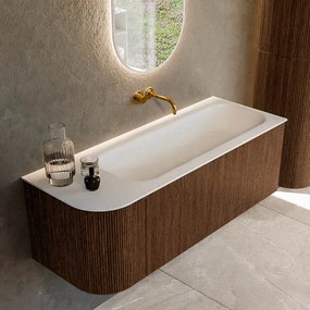 Mondiaz Kurve 125cm badmeubel ronding links walnut met 1 lade en deur en wastafel big medium rechts zonder kraangat