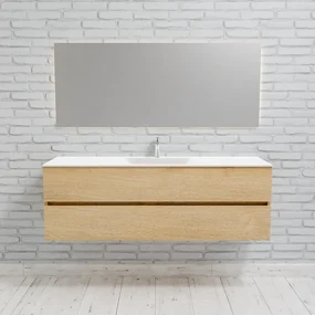 Zaro Valencia Solid Surface badmeubel 150cm licht eiken 1 kraangat spoelbak midden met 2 lades