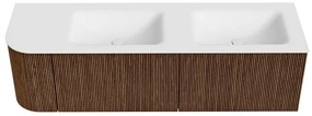 Mondiaz Kurve 155cm badmeubel ronding links walnut met 2 lades en 1 deur en wastafel cloud dubbel/rechts zonder kraangat