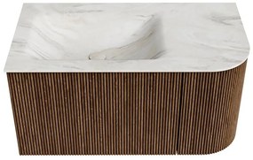 Mondiaz Kurve-dlux 85cm badmeubel ronding rechts walnut met 1 lade en deur en wastafel cloud kraangat links ostra