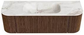 Mondiaz Kurve-dlux 140cm badmeubel ronding links/rechts walnut met 1 lade en 2 deuren en wastafel big small midden 1 kraangat frappe