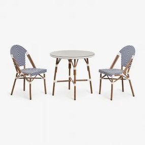 Brielle Bistro Ronde Tafelset, Ø80 Cm, En Twee Stapelbare Tuinstoelen Van Aluminium En Synthetisch Rotan. Ken Blauw - Gardenia Wit - Sklum