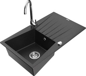 Mexen Cesar granieten spoelbak 1-komers met afdruiprek en keukenmengkraan Telma, zwart/zilver - 6514-73-670200-00
