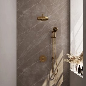 Brauer Stripe inbouw regendouche rond met 25cm hoofddouche, rond met gebogen muurarm, glijstang en 3 standen handdouche set 47 messing geborsteld PVD