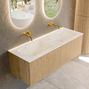 Mondiaz Kurve-dlux 130cm badmeubel oak met 2 lades en wastafel leaf dubbel zonder kraangat ostra