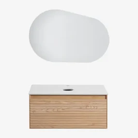 Tedrik Badkamermeubelset In Essenhout Ash Brown & Without Sink & Ovaal Led En Anticondens 100x65 Cm Meunier & Zonder Kraan - Sklum