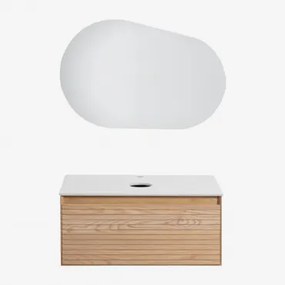 Tedrik Zwevend Badkamermeubelset 80x50 Cm In Essenhout Ash Brown & Without Sink & Ovaal Led En Anticondens 100x80 Cm Riben & Zonder Kraan - Sklum
