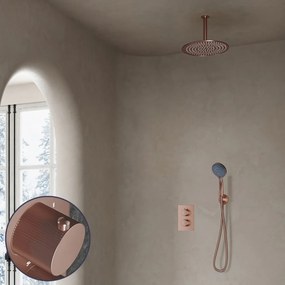 Saniclear Copper Stripes inbouw regendouche met 20cm hoofddouche, plafondarm en 3 standen handdouche geborsteld koper