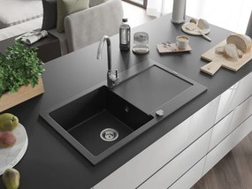 Mexen Leo granitstenen spoelbak met 1 bak en afdruiprek 900 x 500 mm, zwart, chromen sifon - 6501901010-77