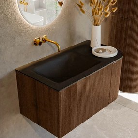 Mondiaz Kurve 85cm badmeubel ronding rechts walnut met 1 lade en deur en wastafel cloud links zonder kraangat urban