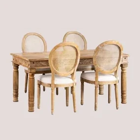 Rechthoekige Mangohouten Tafelset Taraz (160x90 Cm) En 4 Stoffen Eetkamerstoelen Sunna Bruin – Natuurlijk Hout - Sklum