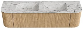 Mondiaz Kurve-dlux 170cm badmeubel ronding links/rechts oak met 1 lade en 2 deuren en wastafel leaf dubbel 2 kraangaten glace