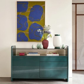Gelakt dressoir met blad van gerookt gehard glas, 1 deur en 3 lades, ERICSON
