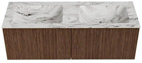 Mondiaz Kurve-dlux 130cm badmeubel walnut met 2 lades en wastafel leaf dubbel 2 kraangaten glace