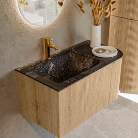 Mondiaz Kurve-dlux 85cm badmeubel ronding rechts oak met 1 lade en deur en wastafel cloud kraangat links lava