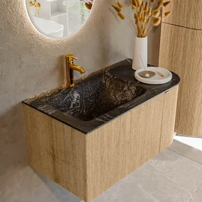 Mondiaz Kurve-dlux 85cm badmeubel ronding rechts oak met 1 lade en deur en wastafel cloud kraangat links lava