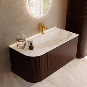 Mondiaz Kurve-dlux 95cm badmeubel ronding links ruby met 1 lade en deur en wastafel big small kraangat rechts opalo