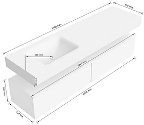 Zaro Alan badmeubel 170cm talc 2 lades met vrijhangende wastafel cloud links 1 kraangat talc