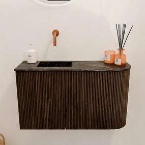 Mondiaz Joya DLux 70cm toiletmeubel ronding rechts walnut met wastafel faye links zonder kraangat lava