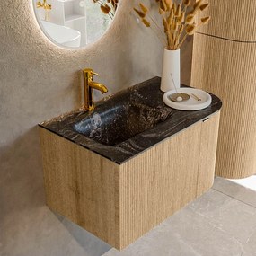 Mondiaz Kurve-dlux 75cm badmeubel ronding rechts oak met 1 lade en deur en wastafel grunne kraangat links lava