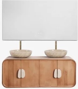 Dubbel Zwevend Badkamermeubelset 130x45 Cm Van Mangohout En Natuurlijke Kivalina-steen Rectangular Led And Antifog 140x75 Cm Riben & 2 X Geborsteld Go