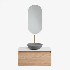 Tedrik Zwevend Badkamermeubelset Van Essenhout Ash Brown & Rond Grijs Cement Ø40 Cm Tarsis & Ovaal Met Opbergruimte 45x90 Cm Abner - Sklum