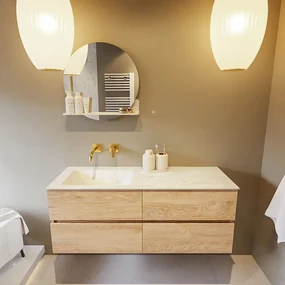 Mondiaz Vica DLux badmeubel 130cm washed oak 4 lades met wastafel opalo links zonder kraangat
