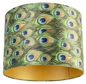Stoffen Velours lampenkap pauw dessin 40/40/30 met gouden binnenkant cilinder / rond