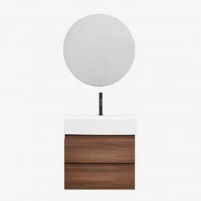 Badkamermeubelset Van Hout En Essenhoutfineer Met Geïntegreerde Wastafel Ona Donker Hout & Round Led And Antifog Ø70 Cm Solyn & - Sklum